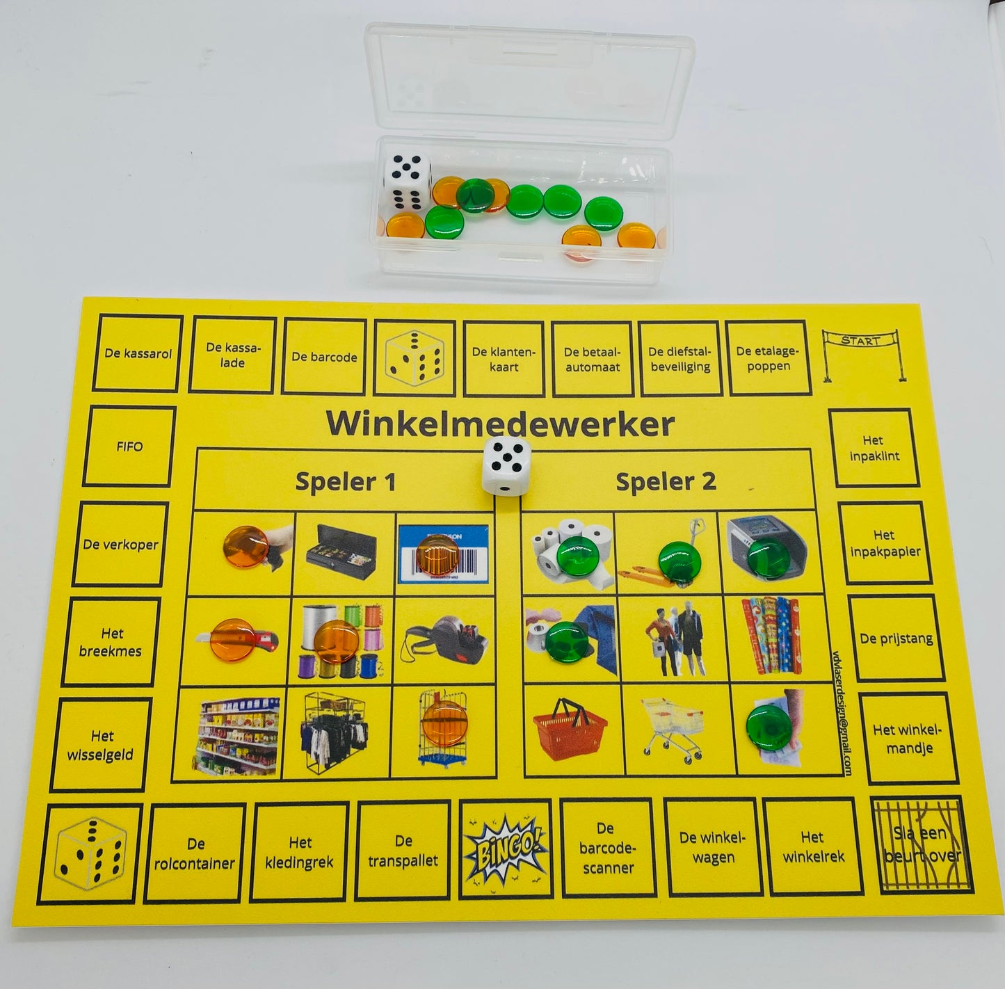 Didactische bordspel met vakwoordenschat magazijnmedewerker, winkelmedewerker, verpakkingsmaterialen