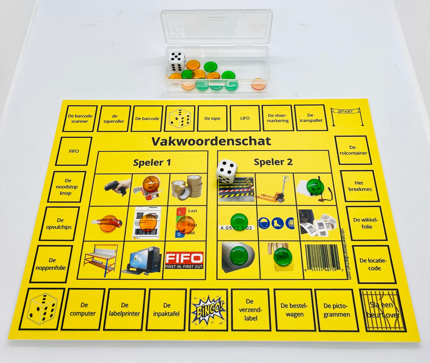 Didactische bordspel met vakwoordenschat magazijnmedewerker, winkelmedewerker, verpakkingsmaterialen